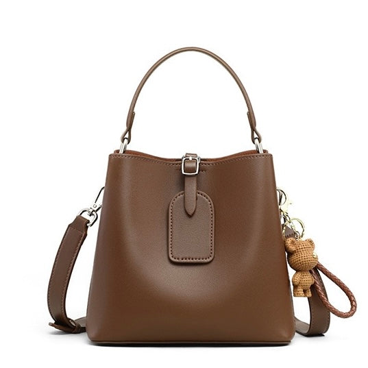 Coffee Genuine Leather Bucket Bag with Bear Charm