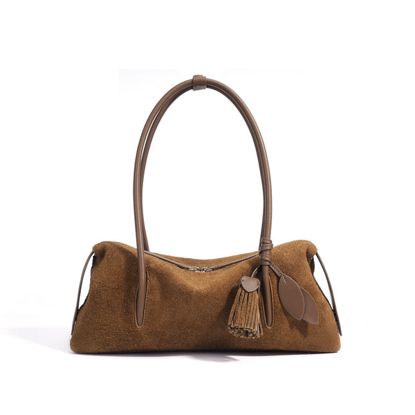 Matte Genuine Leather Tassel Pendant Shoulder Pillow Bag