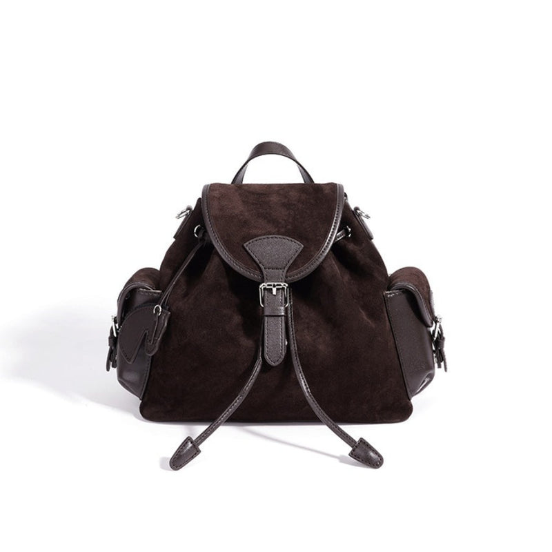 Vintage Suede Genuine Leather Flap Drawstring Backpack