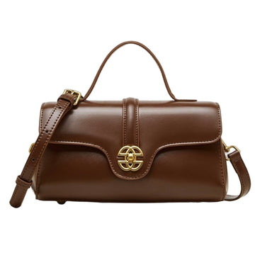 Women's Genuine Leather Top-Handle Bag with Signature Gilded Lock Closure