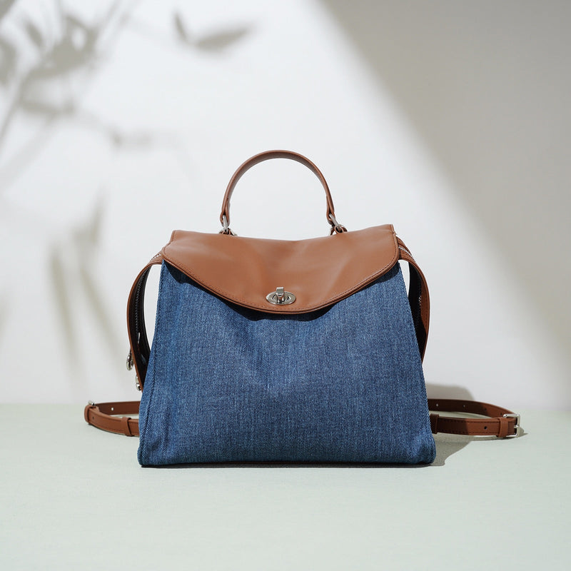 Women’s Genuine Leather & Denim Patchwork Backpack – Large Capacity Commuter Bag