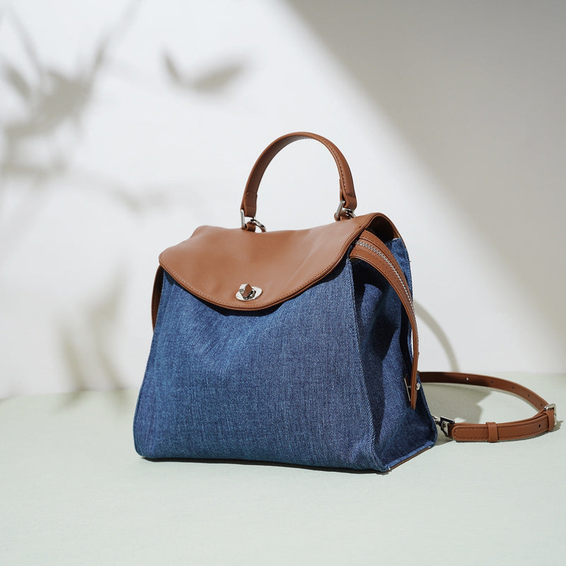 Women’s Genuine Leather & Denim Patchwork Backpack – Large Capacity Commuter Bag