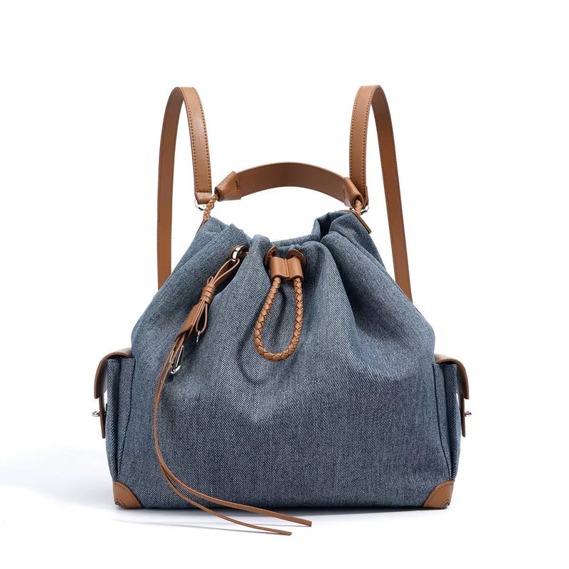 Women's Genuine Leather Denim Patchwork Cool Travel Backpack