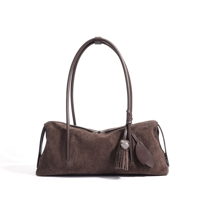 Matte Genuine Leather Tassel Pendant Shoulder Pillow Bag