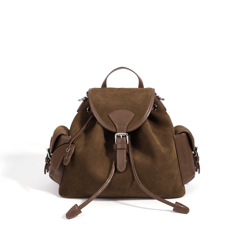 Vintage Suede Genuine Leather Flap Drawstring Backpack