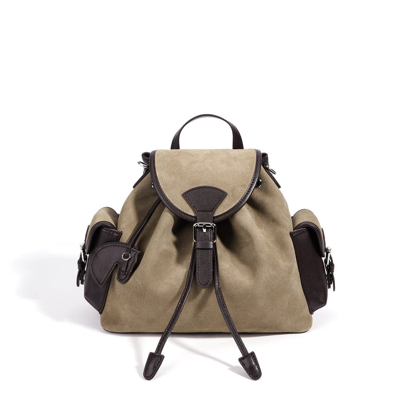 Vintage Suede Genuine Leather Flap Drawstring Backpack