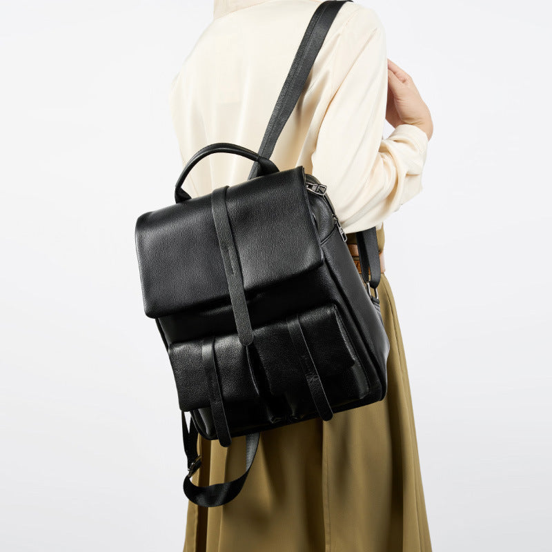 Minimalist Large Capacity Pebbled Genuine Leather Flap Backpack