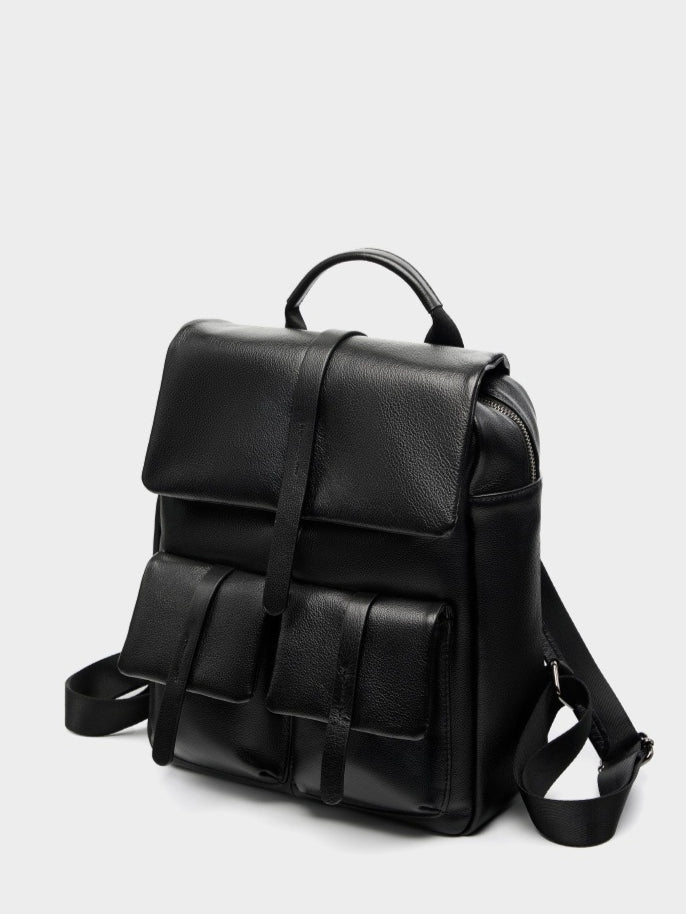Minimalist Large Capacity Pebbled Genuine Leather Flap Backpack