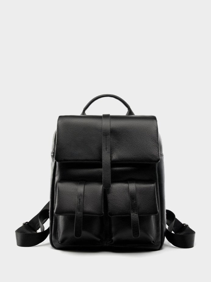 Minimalist Large Capacity Pebbled Genuine Leather Flap Backpack